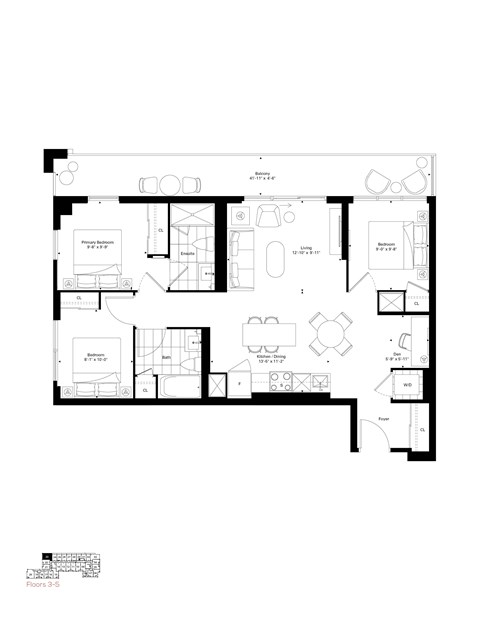 Floor plan for 3 beds, 2 baths, 1022 sqft